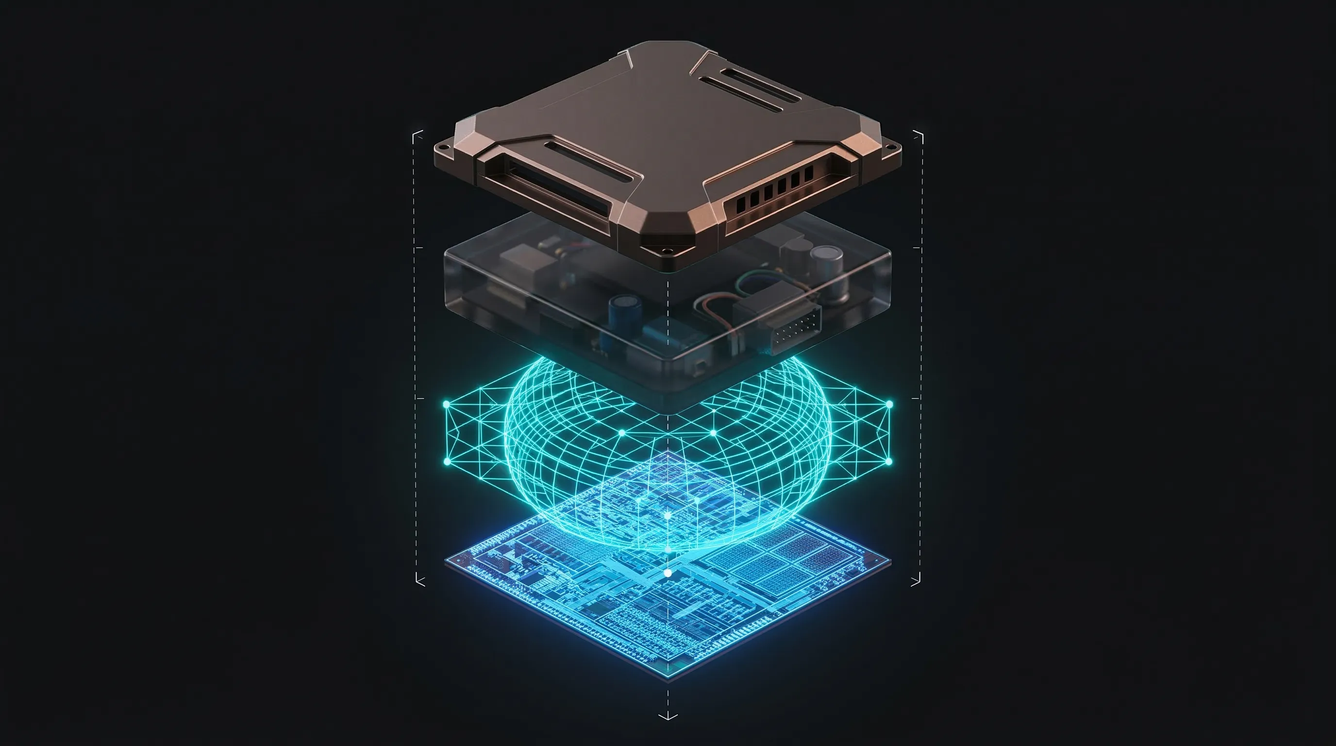 Diagrama isométrico em vista explodida detalhando as quatro camadas de defesa física do hardware criptográfico Projeto PSI: blindagem externa em Cobre-Tungstênio, potting de resina epóxi, malha de segurança ativa (Tamper Mesh) ciano, e núcleo lógico de silício.