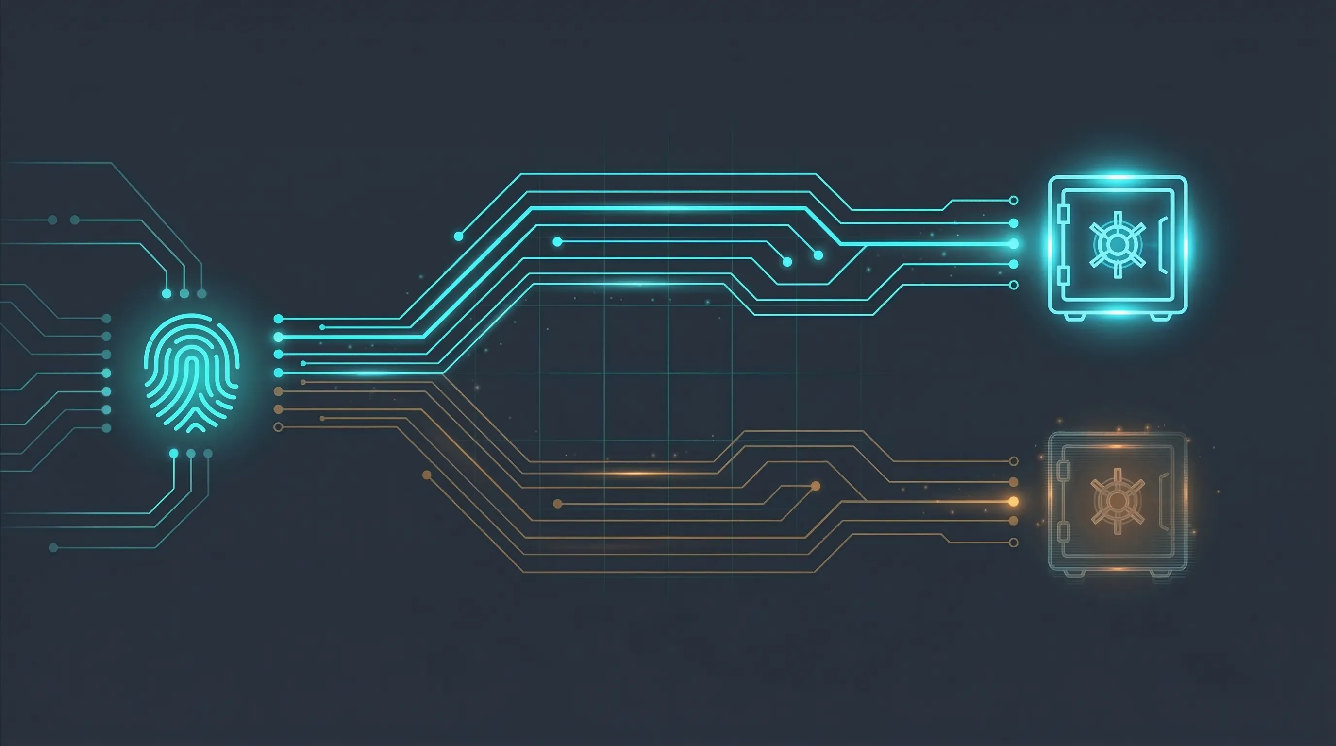 Árvore de decisão lógica do Protocolo Phantom Input (Deniable Encryption). Uma biometria central bifurca ativamente o roteamento: o caminho ótico superior seguro (ciano) acessa a chave real (RSK), enquanto o caminho inferior sob detecção de coação (âmbar) redireciona silenciosamente para uma chave falsa (FSK).