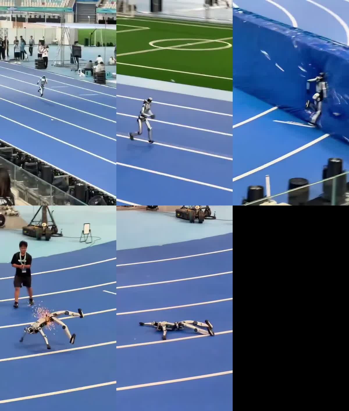 Contact sheet do clipe de 12 s: um robô prateado bate no colchão; num corte seguinte, outro robô caído solta faíscas com um técnico ao lado.