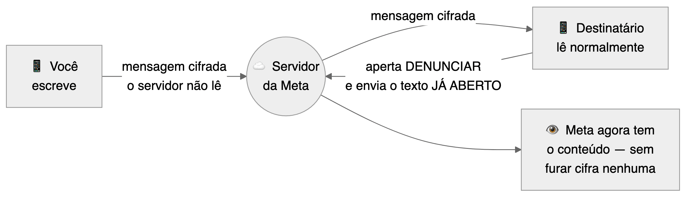 Diagrama: a mensagem vai cifrada de você ao destinatário; quando o destinatário aperta DENUNCIAR, o texto já aberto volta ao servidor da Meta — sem que a cifra seja furada.